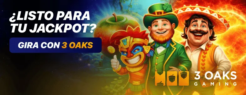 Banner de Mango Dorado: «¿Listo para tu jackpot? Gira con 3 Oaks»
