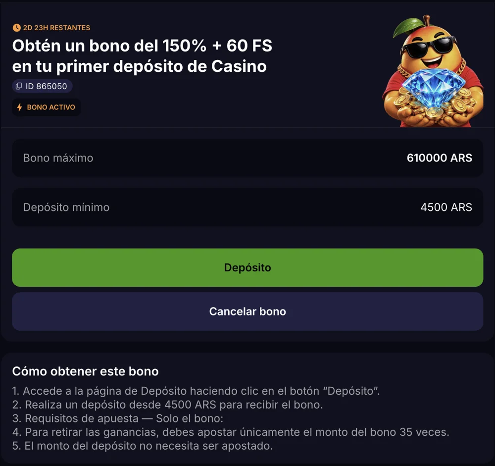 Pantalla del bono de Mango Dorado: 150% + 60 FS, bono máximo 610.000 ARS, depósito mínimo 4.500 ARS